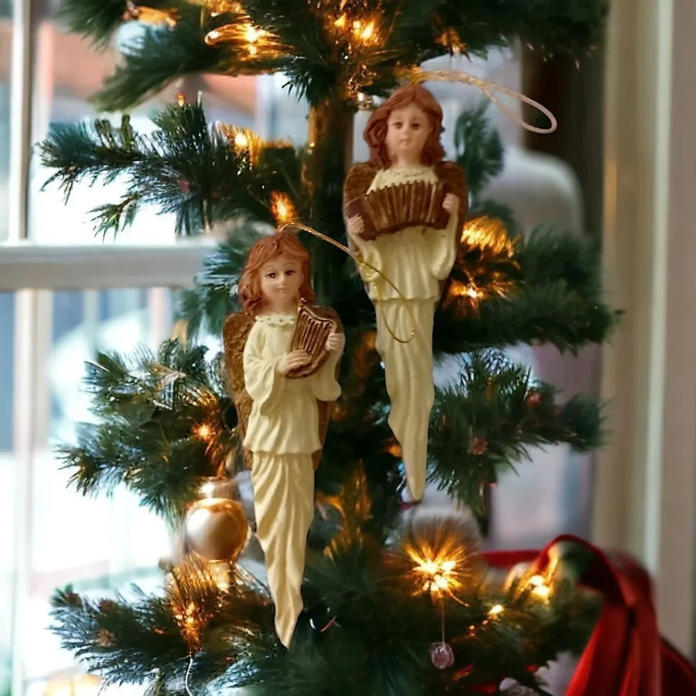 2 Angel Icicle Ornament Christmas Vintage 90s Resin Teardrop Holiday Ivory Gold.